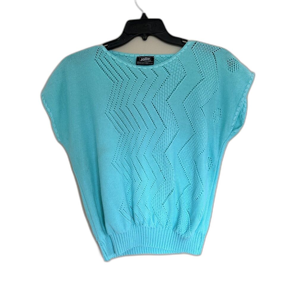 Vintage 80s Jolie New York Turquoise Chevron Pointelle Knit Top Made in USA Boxy